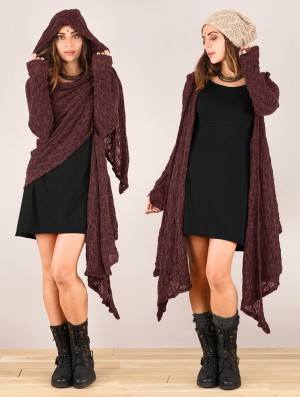 Kardigan Toonzshop Danaeriz Long Sleeve Hooded Crochet Shawl Cardigan Damskie Wine | KODHX-9783