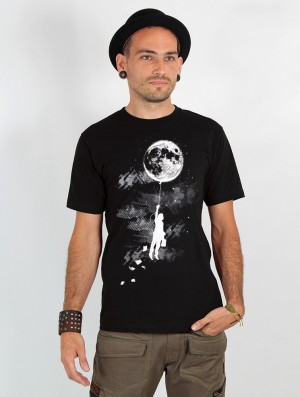 Koszulka Toonzshop Moon Balloon Printed Short Sleeve T-shirt Męskie Czarne | FEUWY-1794