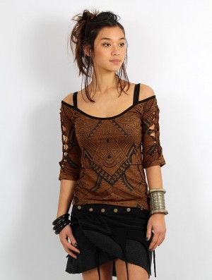 Staniki Toonzshop Sedna Africa Cut Out Braided Back And 3/4 Sleeve Printed Top Damskie Brązowe | FPKZH-7360