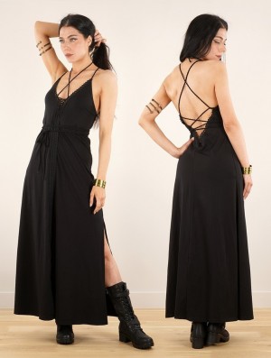 Sukienka Toonzshop Amulette Lace-up Split Long Dress Damskie Czarne | VLUCB-6285