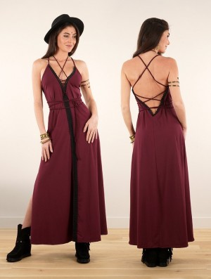 Sukienka Toonzshop Amulette Lace-up Split Long Dress Damskie Wine | NKVGB-7384