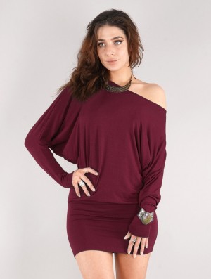 Sukienka Toonzshop Daedra Short Dress With Bat Wing Sleeve Damskie Wine | SLYQA-1256