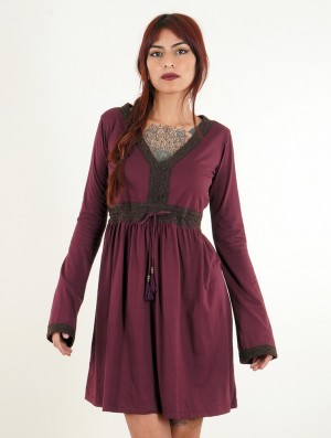 Sukienka Toonzshop Firiel Long Sleeve Dress With Crochet Detail Damskie Wine | RITNH-8159