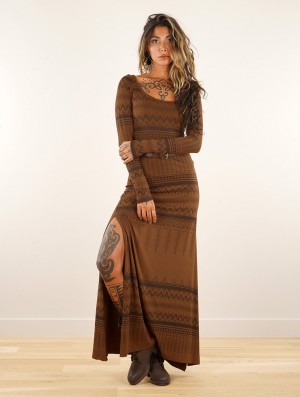 Sukienka Toonzshop Inanna Aztec Pinted Long Sleeve Long Dress Dress Damskie Goldenbrown | QUEDB-1652