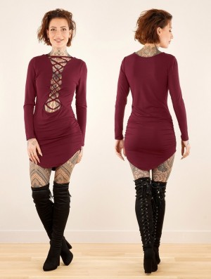 Sukienka Toonzshop Ritaa Long Sleeve Dress Damskie Wine | KGNOP-2439