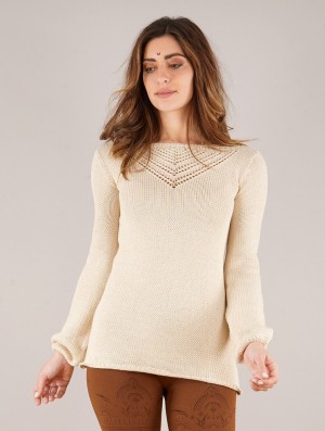 Sweter Toonzshop Endaria Open Work Boat Neck Knit Sweater Damskie Beżowe | KNZEG-4502