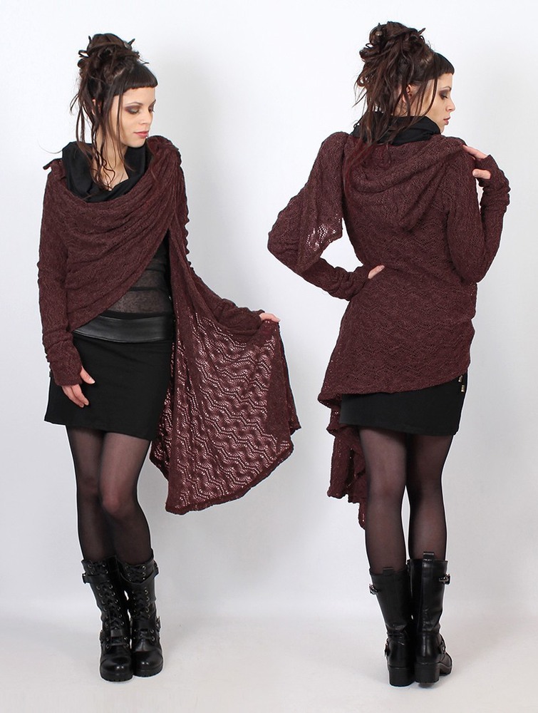 Kardigan Toonzshop Danaeriz Long Sleeve Hooded Crochet Shawl Cardigan Damskie Wine | KODHX-9783