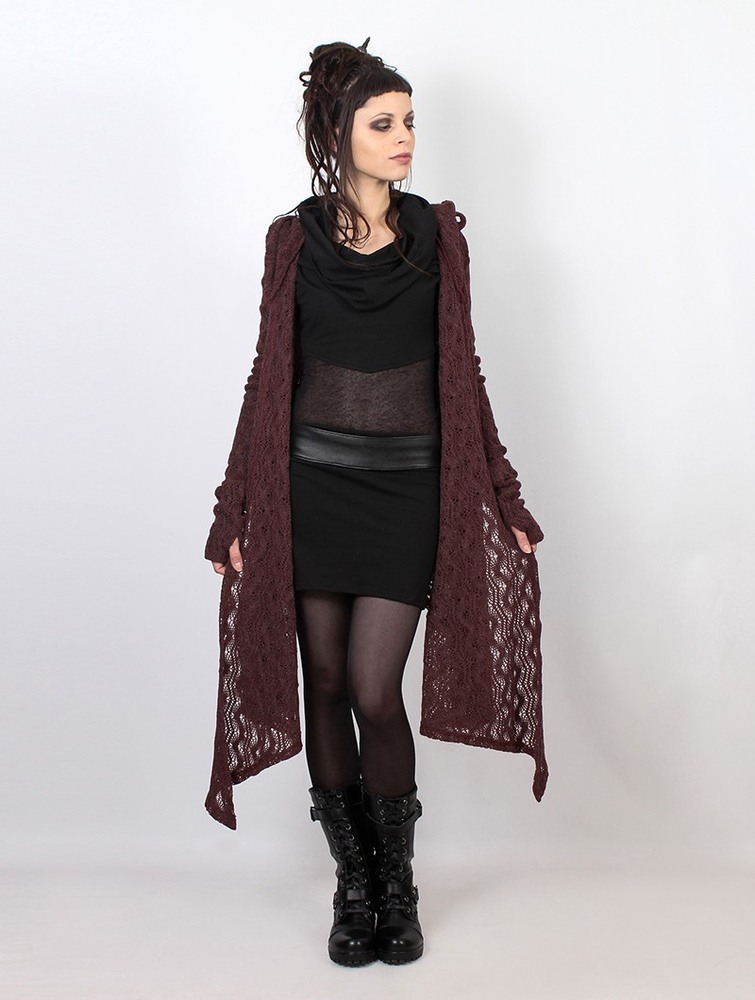 Kardigan Toonzshop Danaeriz Long Sleeve Hooded Crochet Shawl Cardigan Damskie Wine | KODHX-9783