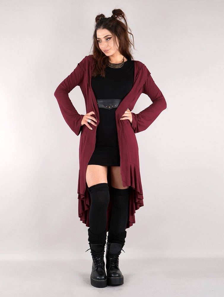 Kardigan Toonzshop Lupinus Hooded Long Cardigan Damskie Wine | ECDBL-8351