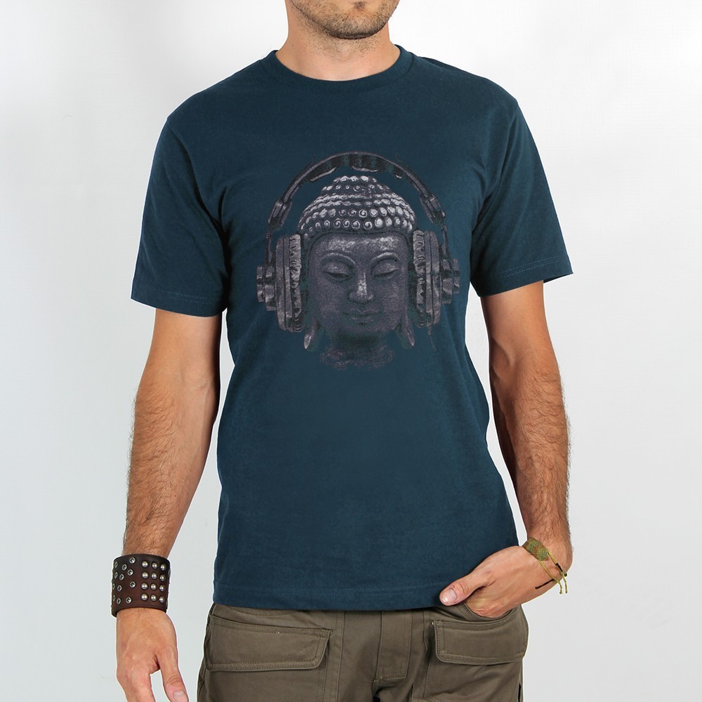 Koszulka Toonzshop Headphone Bouddha Printed Short Sleeve T-shirt Męskie Niebieskie | DZKOU-8742