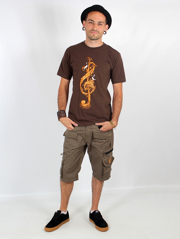 Koszulka Toonzshop Vegetal Treble Clef Printed Short Sleeve T-shirt Męskie Brązowe | VUXTL-7832