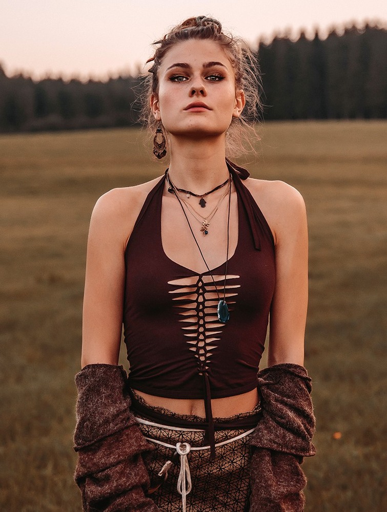 Najfatalniejszy Toonzshop Afra Crop Top Damskie Ciemny Brązowe | PVYBQ-1843