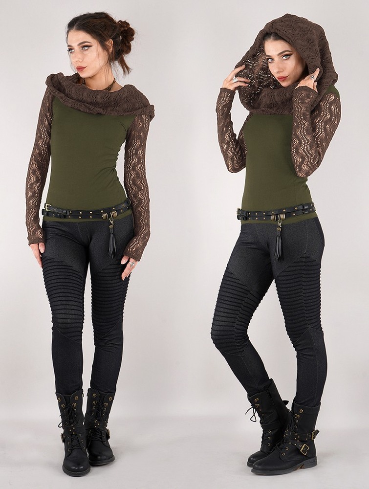 Najfatalniejszy Toonzshop Atmäa Crochet Long Sleeve Top Damskie Oliwkowe Zielone Brązowe | ORQZN-2407