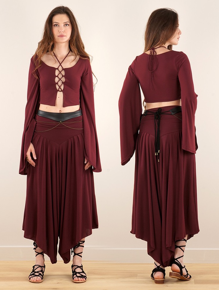 Najfatalniejszy Toonzshop Elfique Flared Long Sleeve Crop Top With Front Lacing Damskie Wine | RSINU-8250