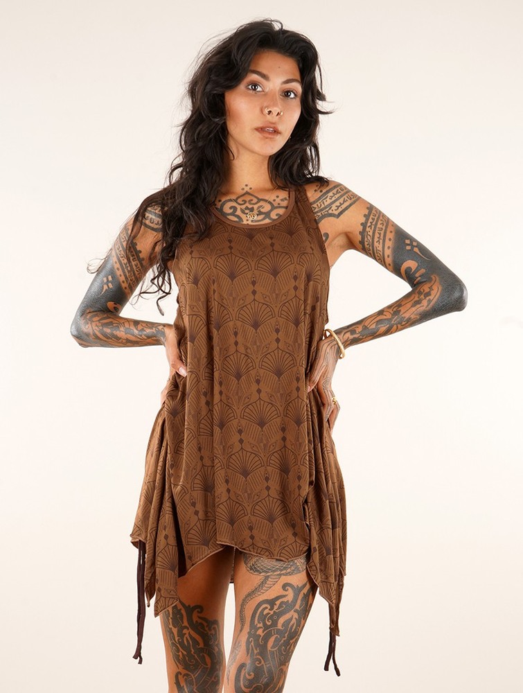 Najfatalniejszy Toonzshop Luinil Peafowl Printed Flared Tank Tunic Damskie Caramel | NVIOC-9038