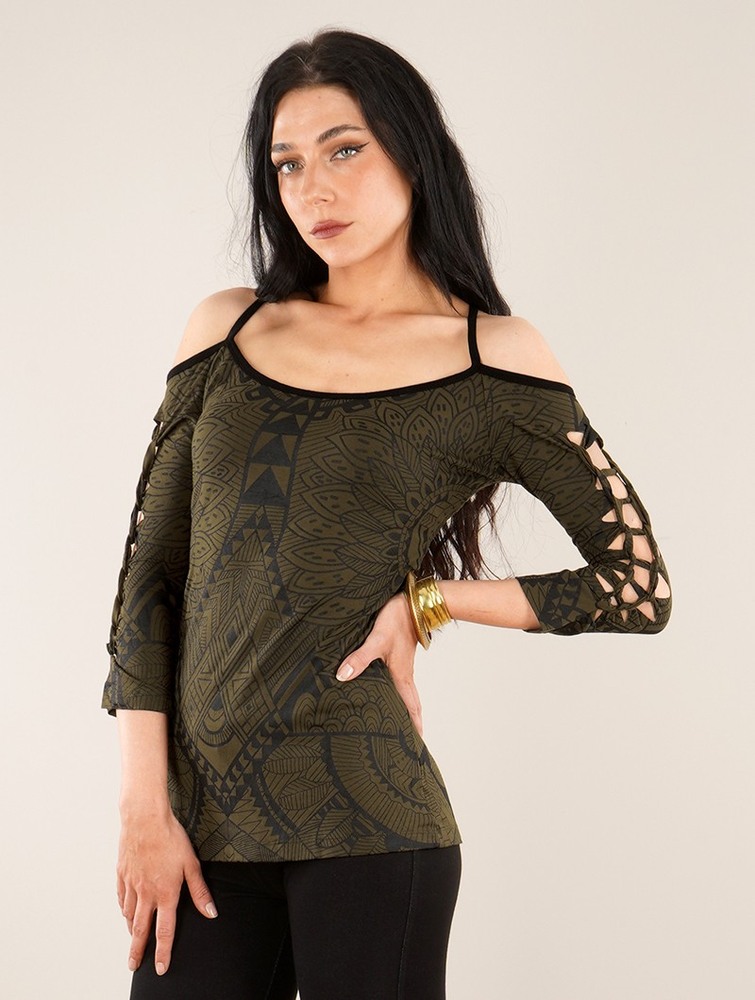 Staniki Toonzshop Sedna Africa Cut Out Braided Back And 3/4 Sleeve Printed Top Damskie Zielone | HOMPV-1096