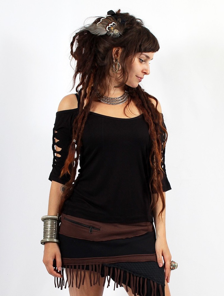 Staniki Toonzshop Sedna Cut Out Braided Back And 3/4 Sleeve Top Damskie Czarne | ACKET-6120