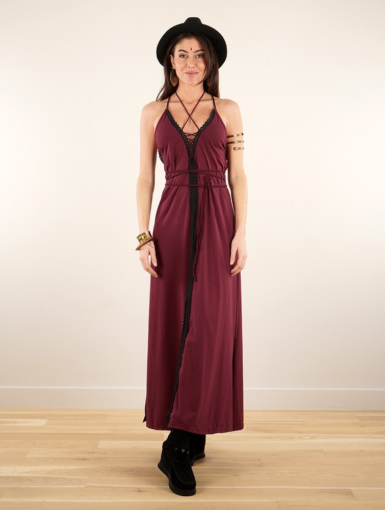 Sukienka Toonzshop Amulette Lace-up Split Long Dress Damskie Wine | NKVGB-7384