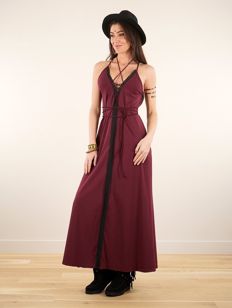 Sukienka Toonzshop Amulette Lace-up Split Long Dress Damskie Wine | NKVGB-7384