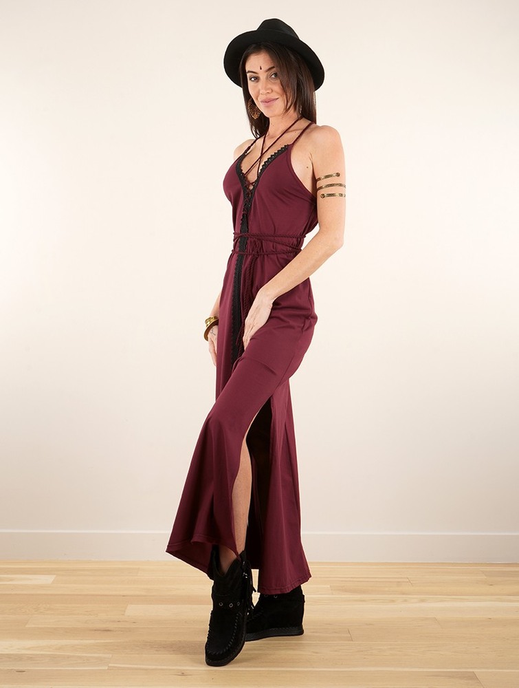 Sukienka Toonzshop Amulette Lace-up Split Long Dress Damskie Wine | NKVGB-7384