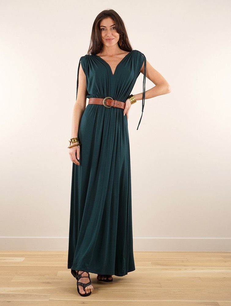 Sukienka Toonzshop Calimshan Long Dress With Openwork Short Sleeves Damskie Teal | NATXJ-8439