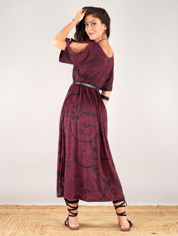 Sukienka Toonzshop Eorynn Africa Printed Oversized Long Dress Damskie Wine | OUYXH-7612