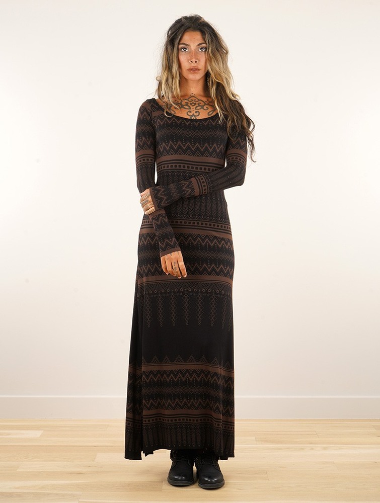 Sukienka Toonzshop Inanna Aztec Pinted Long Sleeve Long Dress Dress Damskie Czarne | JQLER-3617