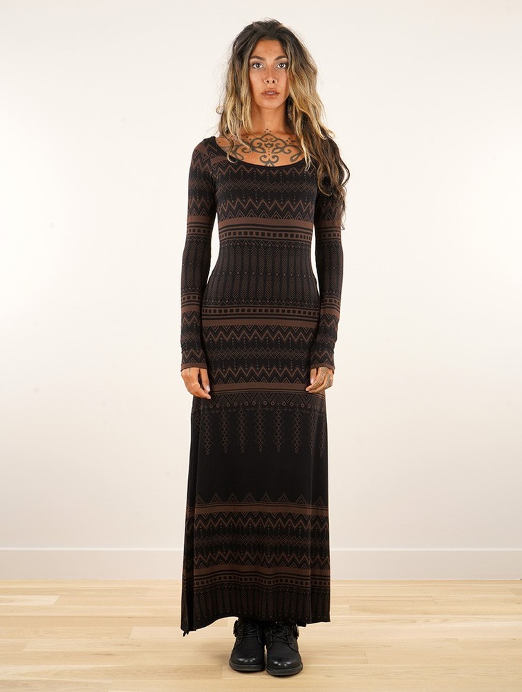 Sukienka Toonzshop Inanna Aztec Pinted Long Sleeve Long Dress Dress Damskie Czarne | JQLER-3617