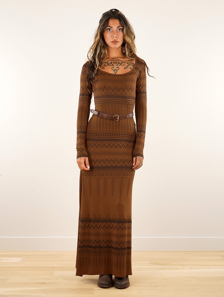 Sukienka Toonzshop Inanna Aztec Pinted Long Sleeve Long Dress Dress Damskie Goldenbrown | QUEDB-1652