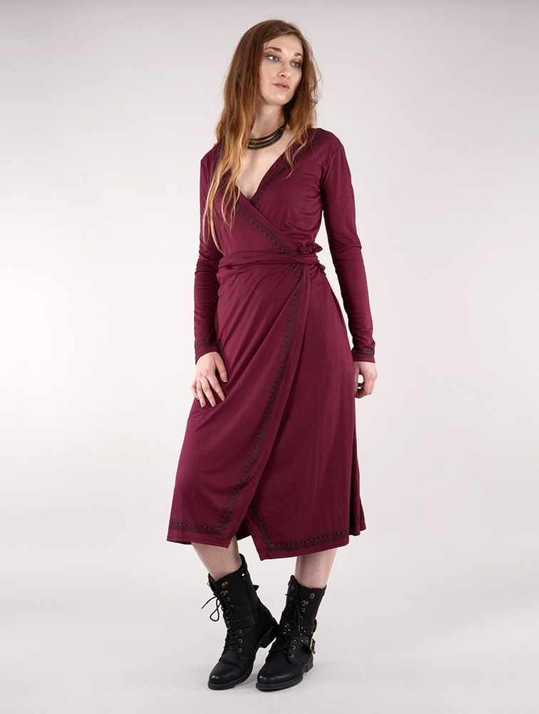 Sukienka Toonzshop Irwaen Indie 2in1 Cardigan/Long Sleeve Midi Dress Damskie Wine | KDOWV-2947