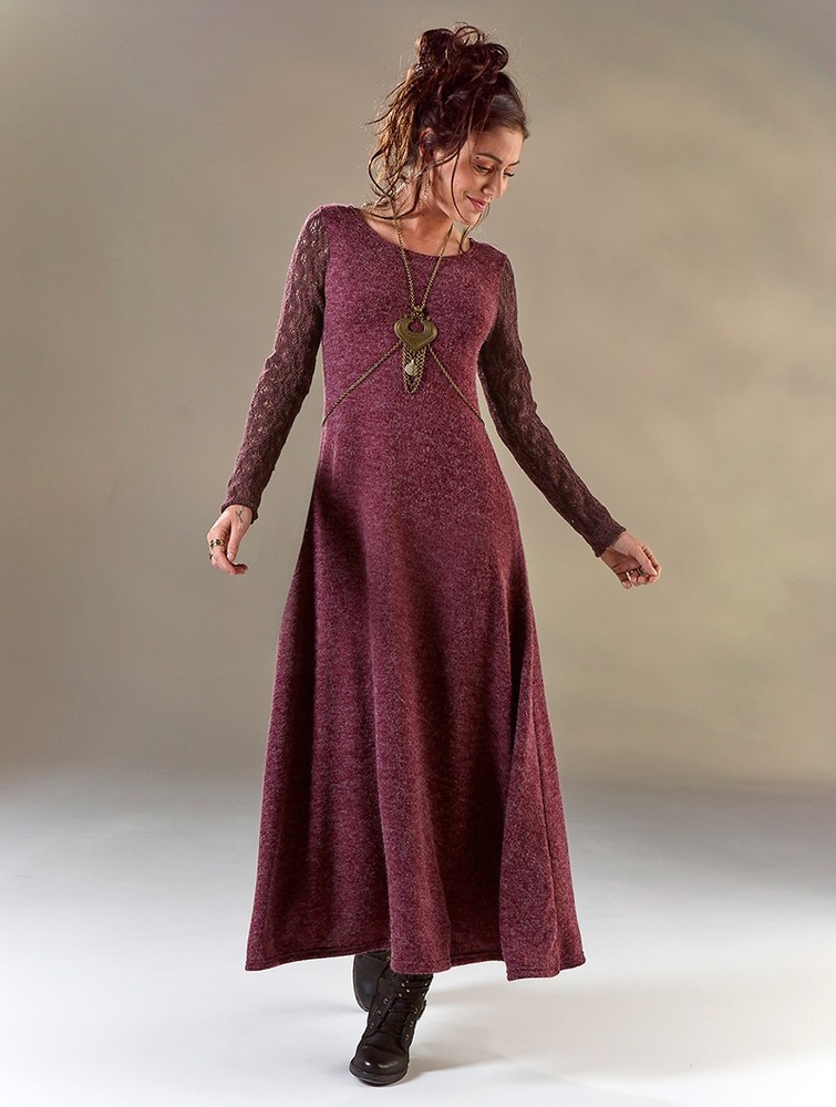 Sukienka Toonzshop Melisandre Crochet Long Sleeve Long Sweater Dress Damskie Wine | PCBNY-6312