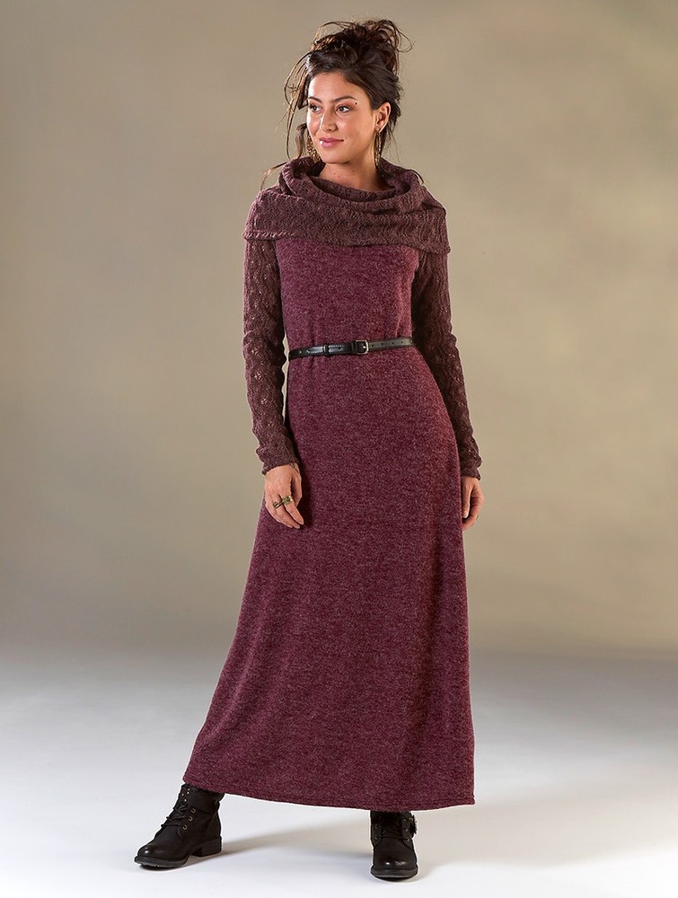 Sukienka Toonzshop Nouchka Crochet Sleeves And Big Collar Long Sweater Dress Damskie Wine | VXCZK-1890