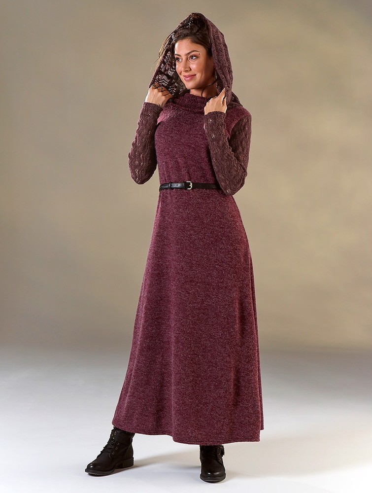 Sukienka Toonzshop Nouchka Crochet Sleeves And Big Collar Long Sweater Dress Damskie Wine | VXCZK-1890