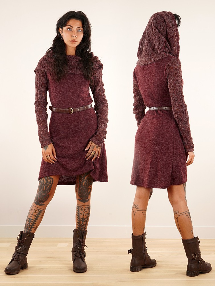 Sukienka Toonzshop Nouchka Crochet Sleeves And Big Collar Skater Sweater Dress Damskie Wine | VFCDO-1453