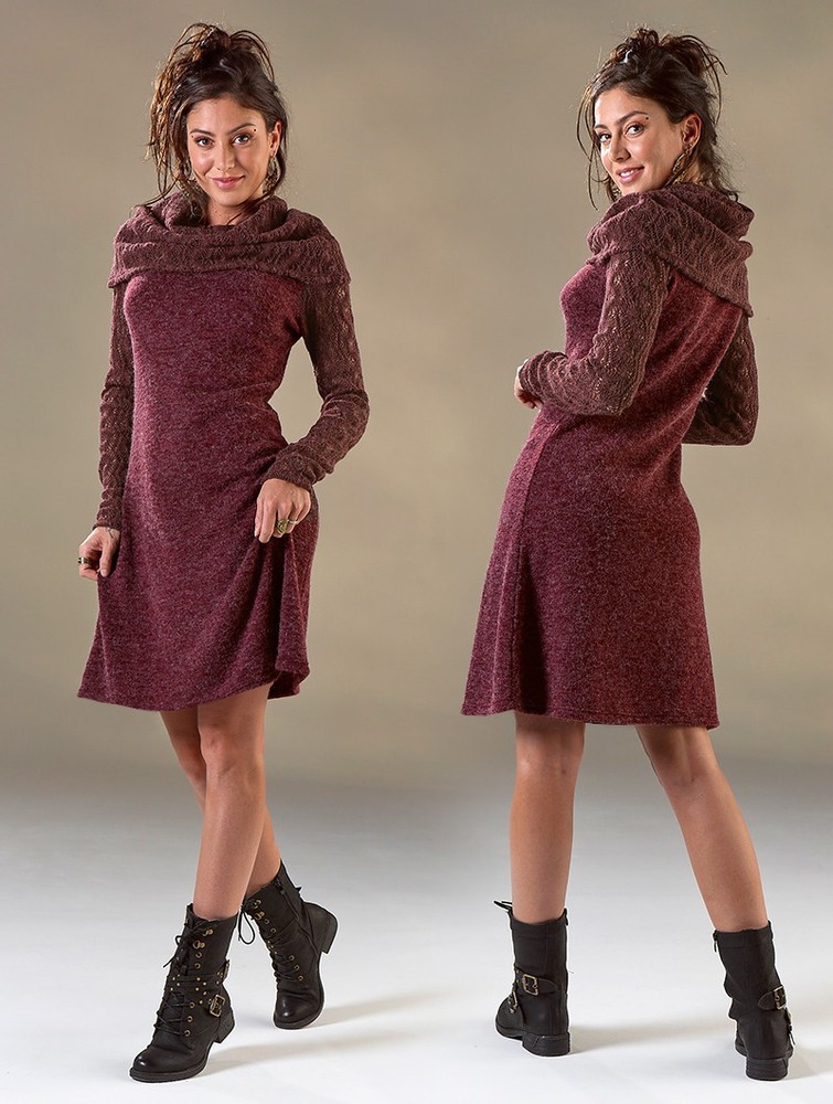 Sukienka Toonzshop Nouchka Crochet Sleeves And Big Collar Skater Sweater Dress Damskie Wine | VFCDO-1453