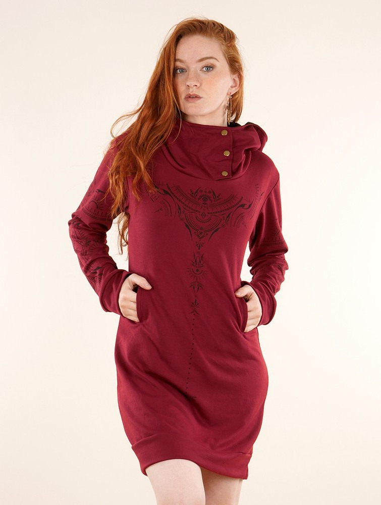 Sukienka Toonzshop Numendil Zohraa Printed High Collar Hoodie Dress Damskie Wine | OSVXU-4507