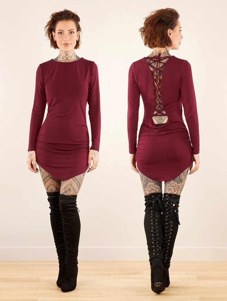 Sukienka Toonzshop Ritaa Long Sleeve Dress Damskie Wine | KGNOP-2439