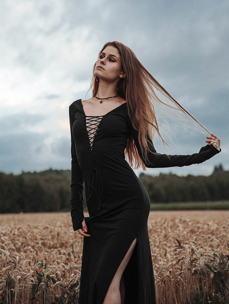 Sukienka Toonzshop Valkyrie Lace-up Split Long Dress Damskie Czarne | YJVDB-9476