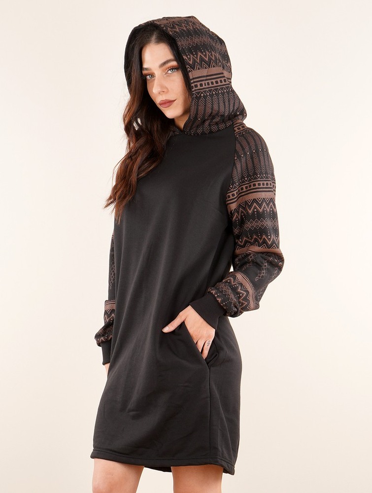 Sweter Toonzshop Khione Rinji Aztec Gender Neutral Hooded Long Sweater Damskie Czarne | QOLKU-6798