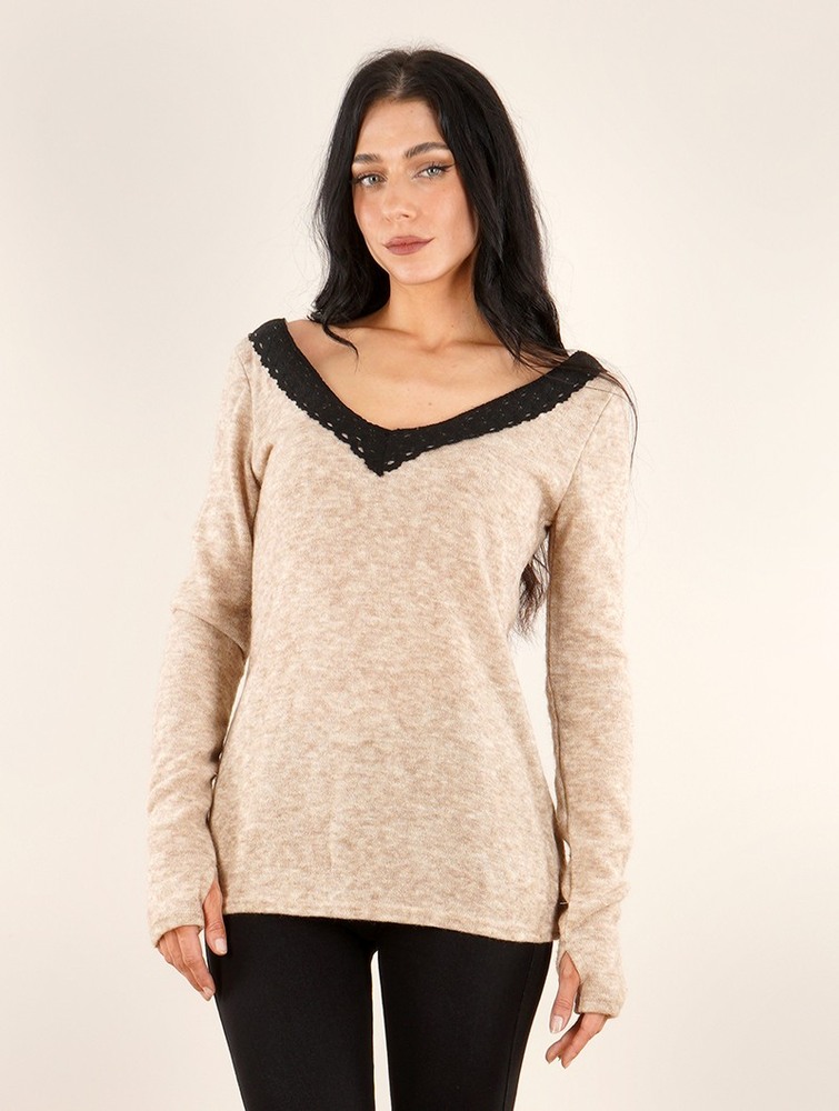 Sweter Toonzshop Ysälys Reversible Crochet-neck Sweater Damskie Beżowe | MAVUT-1834